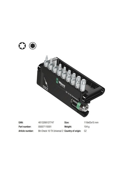 Wera Bit-Check 10 Torx Universal 2 Bits Seti 05057115001