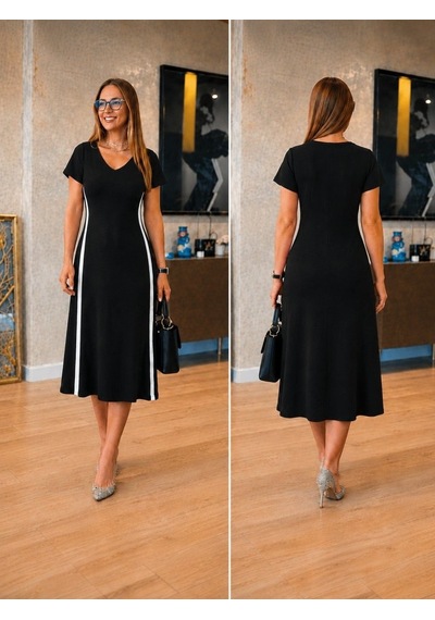 Alyn Wear Kadın Kısa Kollu V Yakalı Yanları Şerit Detaylı Viskon Iki Iplik Midi Elbise Siyah