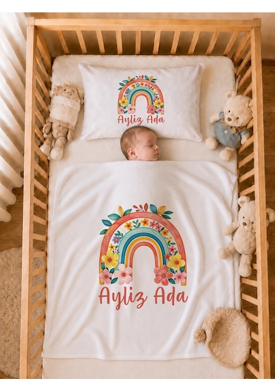 İsme Özel Kız Bebek Battaniye 80x80 Cm Ve Yastık Kılıfı 35x45 Cm %100 Pamuk Organik Baskılı Bebek Seti Bebek Hediyesi 1023yb Krem
