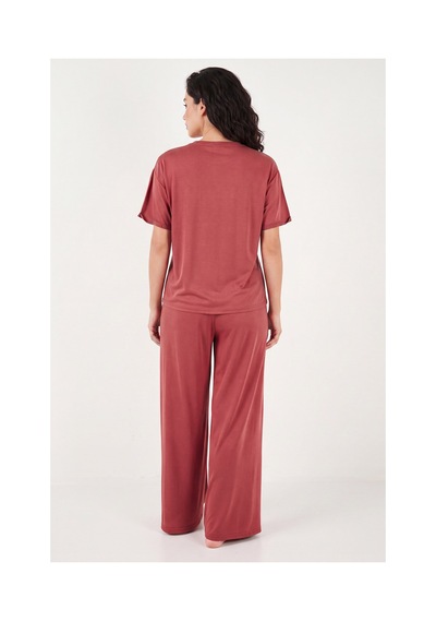 Lela Yumuşak Dokulu Bisiklet Yaka Lastikli Bel Kısa Kollu Pijama Takımı Bayan Pijama Takımı 65720102 Kiremit KİREMİT