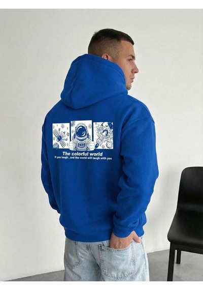 Mbb E-ticaret Erkek Baskılı Kapüşonlu Cepli Hoodie 3 İplik Pamuklu Sweatshirt - Saks Mavisi Mavi
