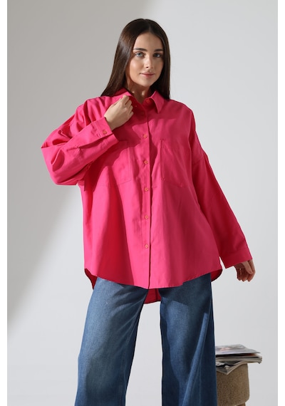 Yeni Sezon Poplin Kumaş Çift Cepli Oversize Pamuklu Kadın Tunik Gömlek Fuşya