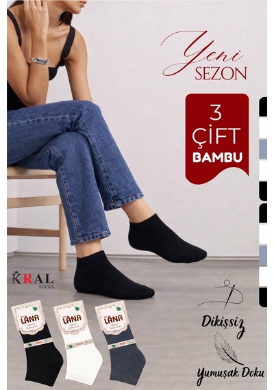Kral Socks Kadın Bambu Patik 3 Adet Görünmez Dikişsiz Parfümlü Kısa Çorap Beyaz - Siyah - Gri