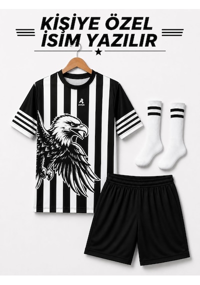 Yenteks İsim Yazılır Çocuk Futbol Forması Siyah Beyaz Kartal Dijital Baskı 4 Parça Siyah Şort Beyaz - Siyah