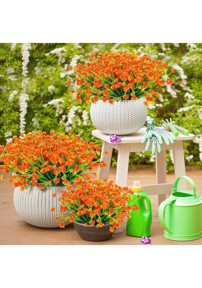 6lı Set Yapay Çiçek Sazlı Lotus Turuncu Renk 7 Dal Plastik 30cm