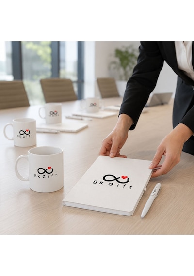 Logonuza Özel 5 Adet Beyaz Defter, Metal Kalem Ve Kupalı Kurumsal Hediye Seti
