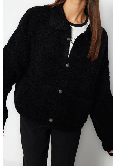 Ersefa Kadın Modern Tarz Oversize Polo Yaka Regular Triko Hırka Siyah