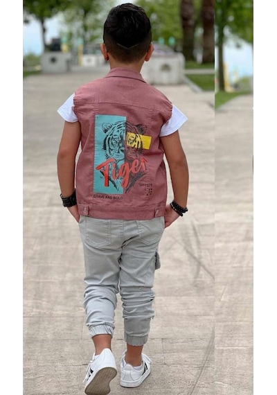 Riccotarz Erkek Çocuk Kaplan Detaylı T-shirt Sırt Baskılı Kolsuz Pudra Jean Ceket Kargo Cepli Alt Üst Takım Pudra Riccotarz Erkek Çocuk Kaplan Detaylı T-shirt Sırt Baskılı Kolsuz Pudra Jean Ceket Kargo Cepli Alt Üst Takım Pudra