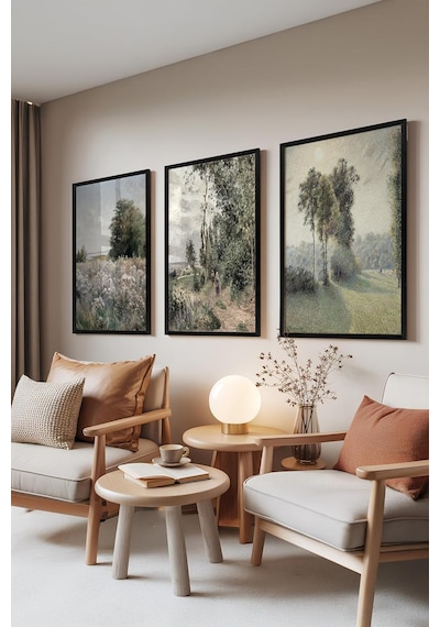 Zestia Siyah Çerçeveli 3'lü Tablo Seti, Klasik Manzara Soft Tonlar, Salon Set No: 30120 50 X 70