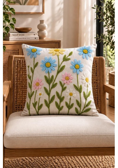 4'lü Set Çiçekli Dekoratif Kırlent Kılıfı 43x43 Cm, 3d Efektli Dijital Baskılı - Papatya Esintisi Çok Renkli