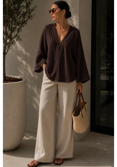 Bbbutikbasic Kadın Müslin Oversize Bluz Salaş Kesim Yazlık Basic Ceket My3535 Kahverengi
