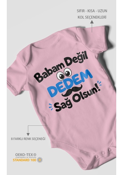 Morivokids Babam Değil, Dedem Sağolsun. Kısa Kollu Bebek Body %100 Pamuk Koyu Pembe