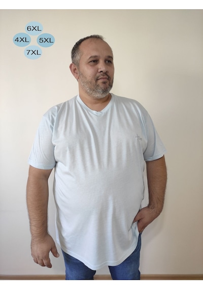 Big Nona Erkek Büyük Beden Unisex T-shirt V Yaka Buz Mavisi Buz Mavi
