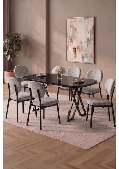 Hooli 90x168 Siyah Mdf Masa, Metal X Ayak, Metal Sandalye, 6 Kişilik Mutfak Masası Takımı Ve Yemek Masası Takımı Açık Gri Hooli 90x168 Siyah Mdf Masa, Metal X Ayak, Metal Sandalye, 6 Kişilik Mutfak Masası Takımı Ve Yemek Masası Takımı Açık Gri