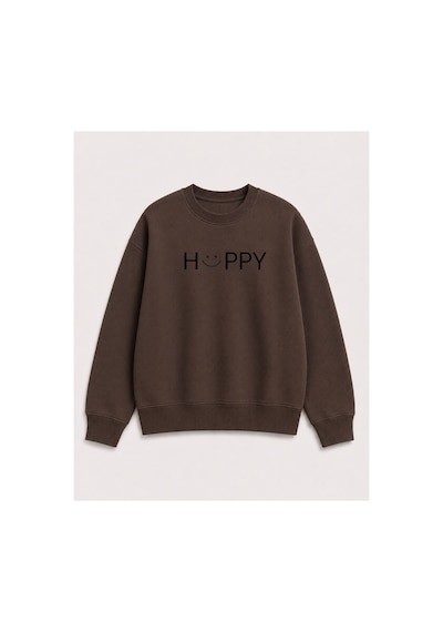Herkesemoda Hüppy Baskı Detaylı Şardonlu 2 İplik Bisiklet Yaka Sweatshirt Kahverengi
