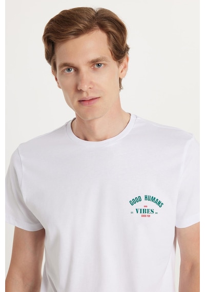 Tudors Erkek Slim Fit Dar Kesim %100 Pamuk Yumuşak Dokulu Baskılı Beyaz Bisiklet Yaka Tişört-34776 Beyaz