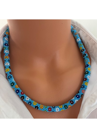 Chichibeads Mavi Papatya Desenli Kolye Bileklik Set Beyaz - Mavi
