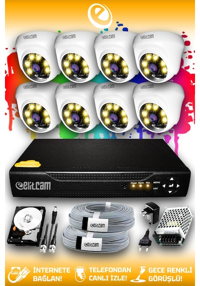 Elitcam 8 Kameralı Dome 8 İç Kamera Set 2 TB HDD Full HD Renkli Gece Görüşlü Güvenlik Kamerası Sistemi