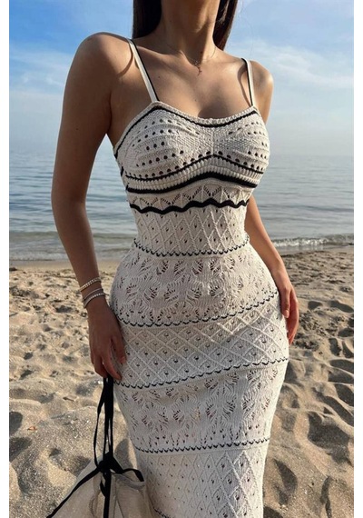 Asur Boutique Asur Butik Askılı Triko Elbise Uzun Ajurlu Bej Renk Astarsız Plaj Elbisesi