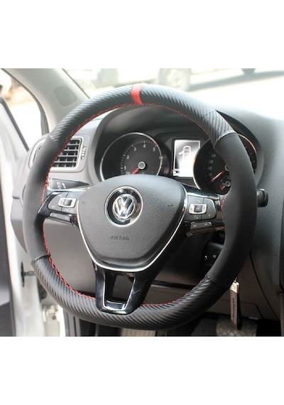 Volkswagen Golf 7 Dikmeli Direksiyon Kılıfı Carbon Desenli Alkantra Kımızı yüzük
