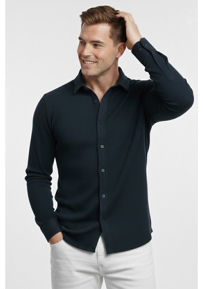 Rizzup Lacivert Slim Fit Örme Kumaş Likralı Erkek Gömlek Nefes Alan Esnek Ve Modern Tasarım 2602604