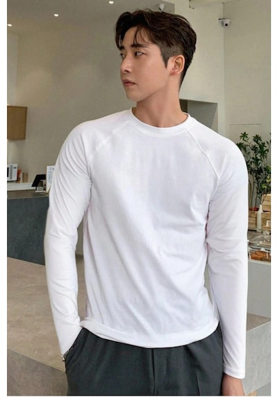 Tarz Cool Erkek Slim Fit Uzun Kollu Bisiklet Yaka Likralı Pamuk Tişört Beyaz