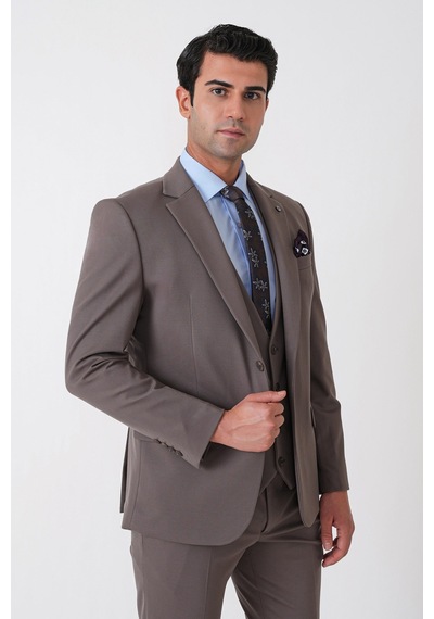 Efor Slim Fit Esnek Pamuklu Dokulu Vizon Yelekli Takım Elbise Tk 959