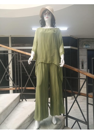 Bohem Stil İtalyan Yarasa Kol İpek Bluz & Pantolon Takım-8767 Yağ Yeşili