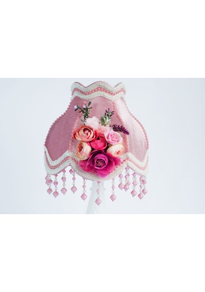 Gülkurusu Kadife Kaplı Fuşya Çiçek Dekorlu Klasik Abajur 50x30 Cm