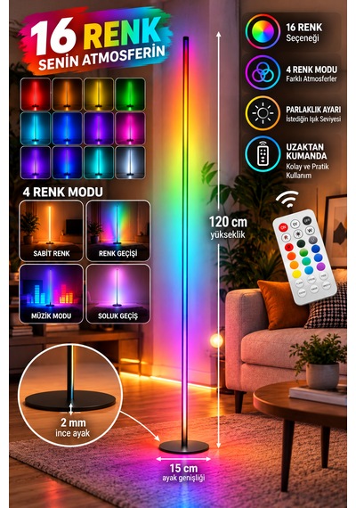 Rgb Led Lambader 120 Cm Kumandalı 16 Renkli Dekoratif Ayaklı Lamba, Parlaklık Ayarlı, Renk Geçişli Ortam Aydınlatması Siyah