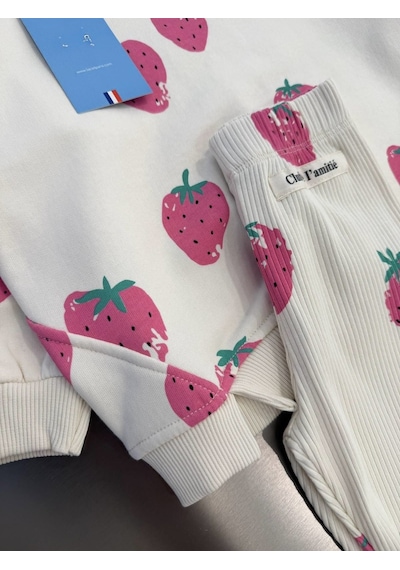 Magu Kız Çocuk Pamuklu Çilek Desenli Ekru Sweatshirt Ve Fitilli Tayt Takımı Çok Renkli
