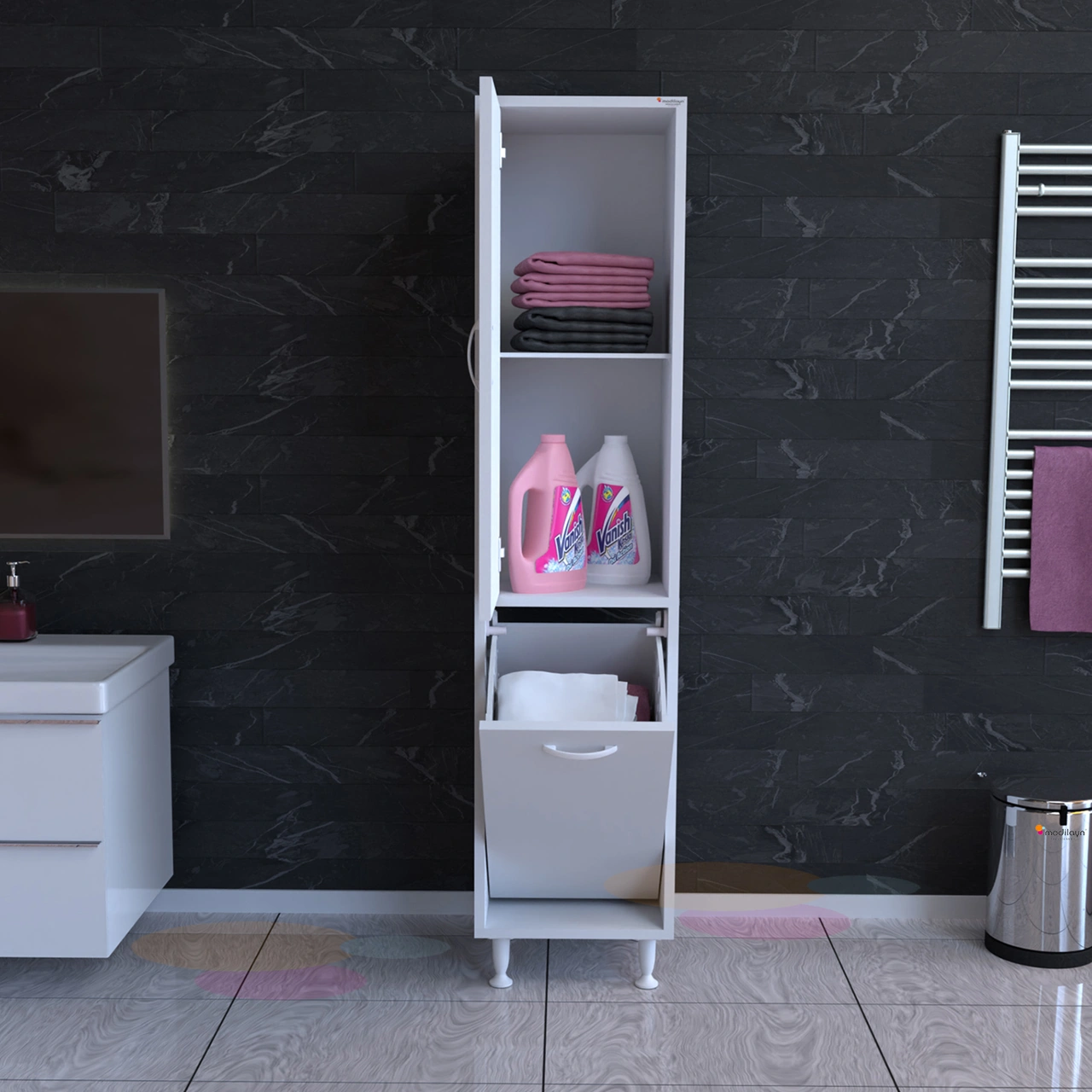 Elva Banyo Ve Mutfak Dolabı Çok Amaçlı Dolap Çamaşır Dolabı Erzak Dolabı 35x138 Cm Beyaz
