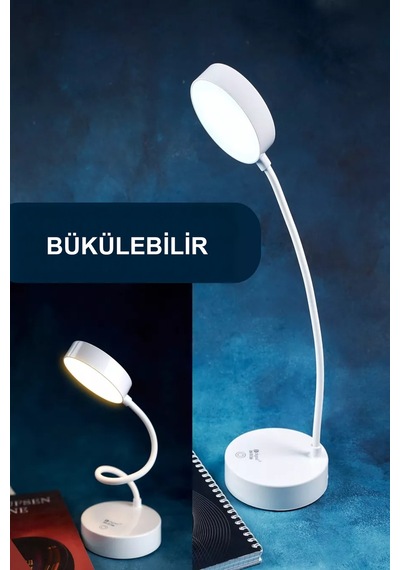 Astec Beyaz Bükülebilir 3 Renk Led Masa Çalışma Lambası Dimli Dayanıklı Silikon Tuşlu Usb'li Şarjlı