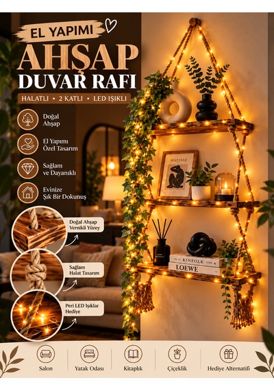Modern Doğal 2 Katlı Ahşap Halatlı Dekoratif Duvar Rafı, Kitaplık , Çiçeklik, Retro Hasır Ipli Ahşap Vernikli , Peri Led Hediyeli -