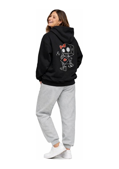 Robot Baskılı Sevgili Kombini Oversize Hoodie Seti Kadın Erkek Un Siyah