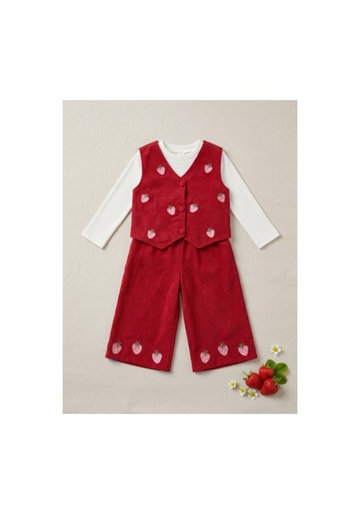 Deniva Kids Kız Çocuk Kırmızı Kadife Yelekli 3'lü Takım Çilek Nakışlı Fitilli Kaşkorse Bluz Ve İspanyol Paça Pantolon Deniva Kids Kız Çocuk Kırmızı Kadife Yelekli 3'lü Takım Çilek Nakışlı Fitilli Kaşkorse Bluz Ve İspanyol Paça Pantolon