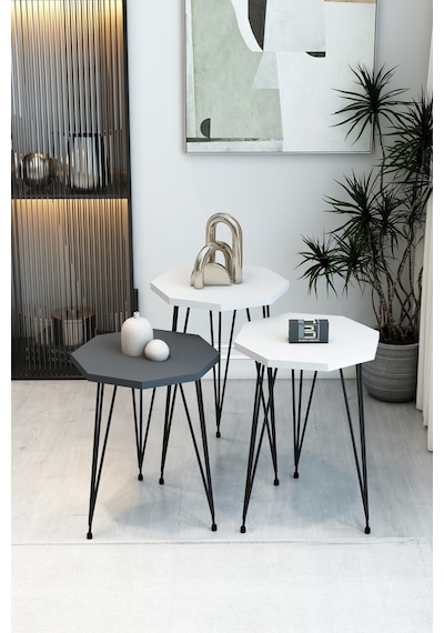 3'lü Sekizgen Zigon Sehpa Seti - Siyah Metal Ayaklı, Modern & Şık Yan Sehpa, Dayanıklı Salon Ofis Beyaz Antrasit