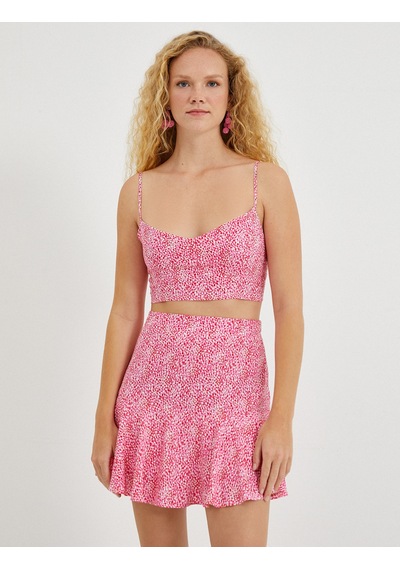 Koton Crop Büstiyer Desenli İnce Askılı Derin U Yaka Pembe Desenli 2sak30090pw
