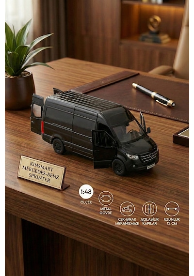 Kinsmart Mercedes-benz Sprinter 1:48 Ölçek Metal Çek Bırak Oyuncak Minibüs - Siyah Model Araba