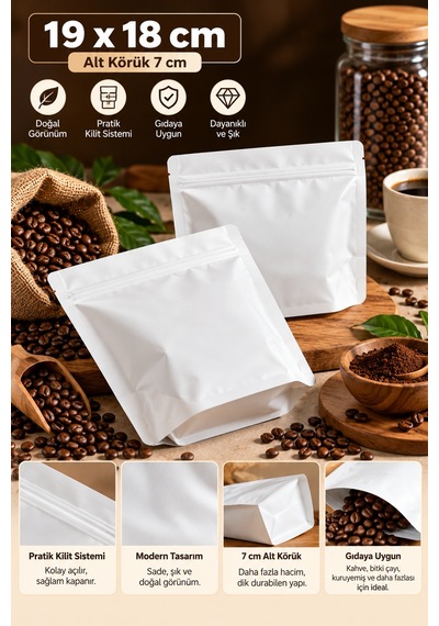 Beyaz Kilitli Doypack Ambalaj Poşeti - Alt Körüklü 19x18 Cm 100 Adet