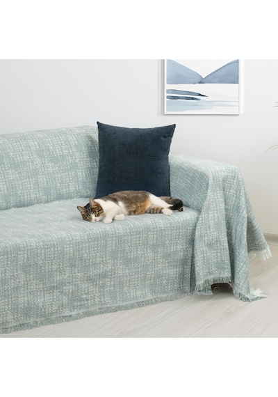 Purecot Premium Pamuklu Püsküllü Koltuk Örtüsü 180x220 Çift Taraflı Terletmez Kaymaz , Mavi Mavi