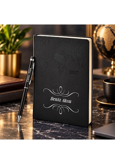 Bk Gift Kişiye Özel 378 Termo Deri Tarihli Ajanda & Siyah Touch Pen Tükenmez Kalem-1