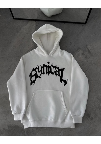 Kadın Kapüşonlu Kanguru Cepli Sweatshirt 3 İplik Pamuklu Baskılı Hoodie - Beyaz
