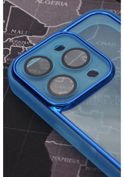 Apple Uyumlu iPhone 14 Pro  Mavi Kenarlı Renkli Yarı Şeffaf Kapak Kılıf Kamera Lens Korumalı Mavi