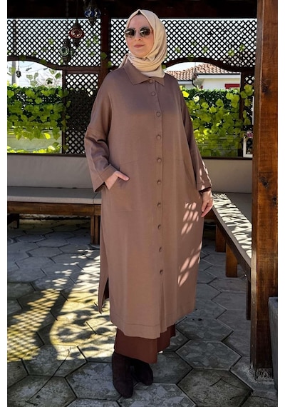 Rabia Şamlı Panço Triko Hırka Sütlü Kahve Normal