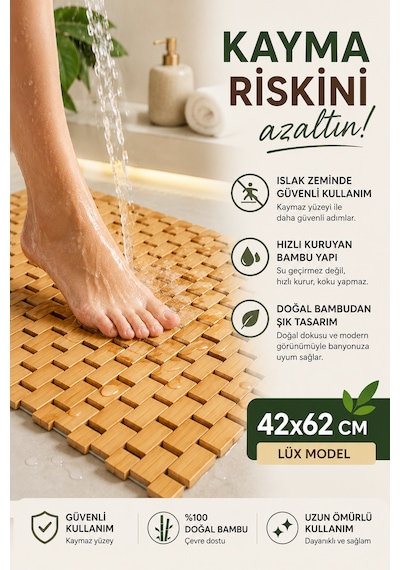 Lüx Model Bambu Kaydırmaz Banyo Paspası 42x62 Cm Suya Dayanıklı Doğal Bambu Zemin Matı Ahşap