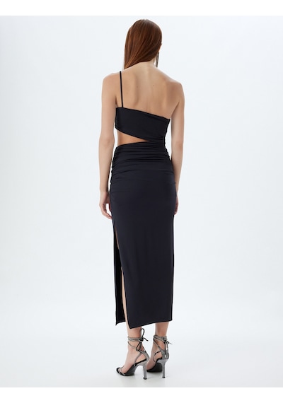 Koton Midi Elbise Yırtmaçlı Pencere Detaylı Tek Omuz Askılı Drapeli Slim Fit Siyah 4sak80220fk Siyah