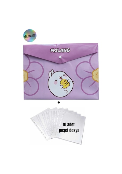 A4 Boy Çıt Çıt Ödev Dosyası +10' Lu Poşet Dosya Molang Mor