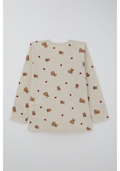 Breeze Kız Çocuk Pijama Takımı Kalp & Sevimli Oyuncak Ayıcık Desenli 4-8 Yaş, Bej Melanj