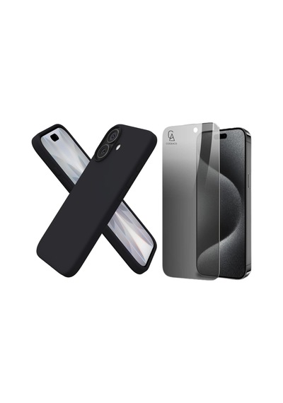 Apple Uyumlu iPhone 17 Içi Kadife Lansman Kılıf Ve Hayalet Privacy Tam Kaplayan Cam Ekran Koruyucu Siyah